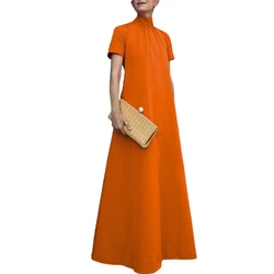 Gymystars Urban Women's Evening Dress Orange Maxi Dresses 2026 New A-line Vintage Loose High-neck Simple Summer Female Clothes