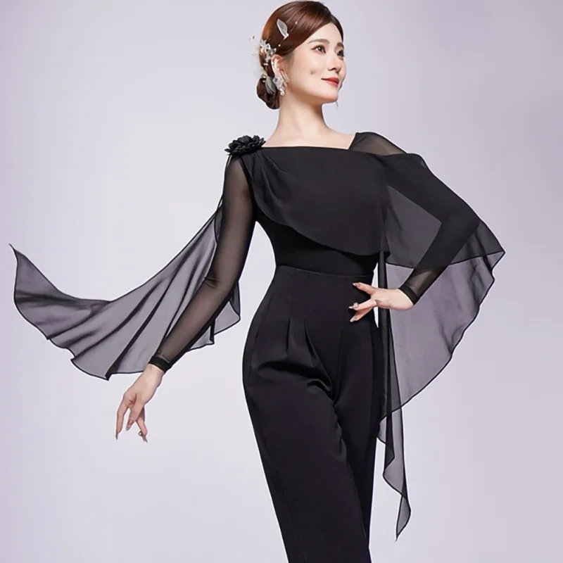 Nieuwe witte ballroom danswedstrijd dans top lange mouw oefenjurk zwart moderne dans shirt paarse sjaal wals