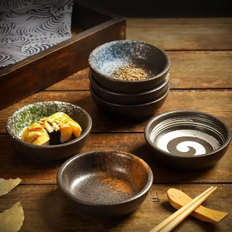 Japanese style coarse pottery dipping dish, retro kiln turned ceramic small dish bowl, soy sauce vinegar dish, small dish bowl