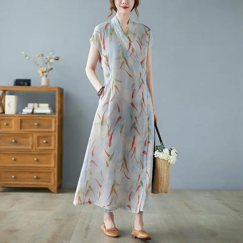 

Elegant V-Neck Spliced Pockets Printed Vintage Dress Women's Clothing 2025 Summer New Loose Short Sleeve Office Lady Long Dress