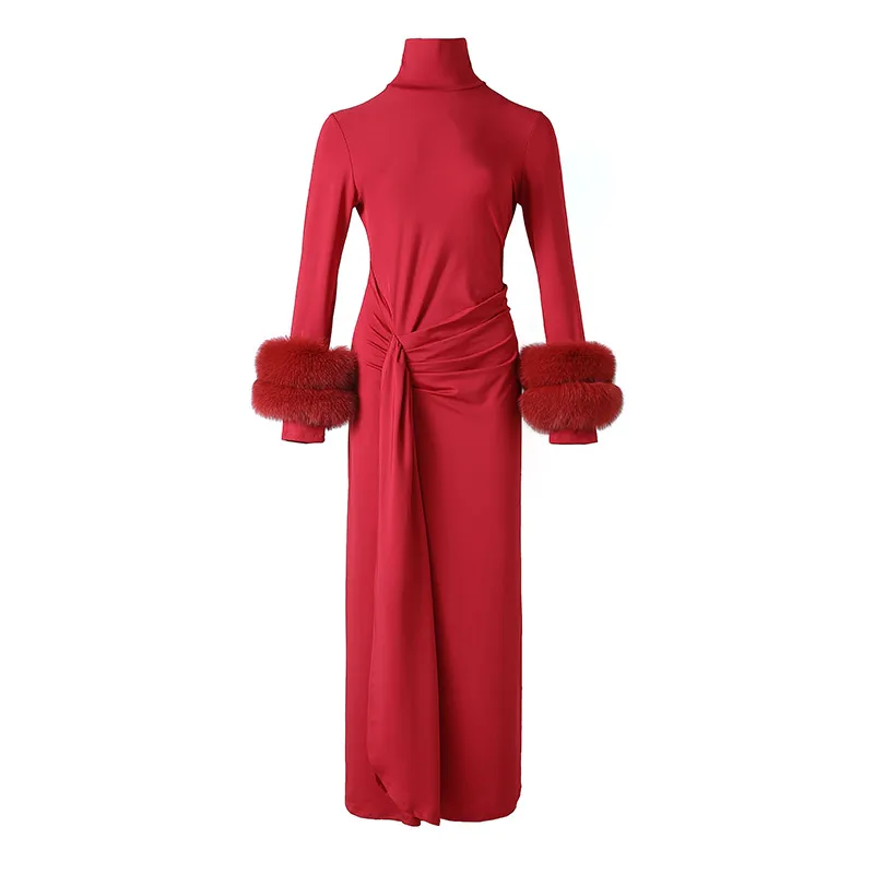 Robe moulante élégante à manches longues avec poignets en fourrure de renard, robes sexy pour mariage et fête d'anniversaire, 2025