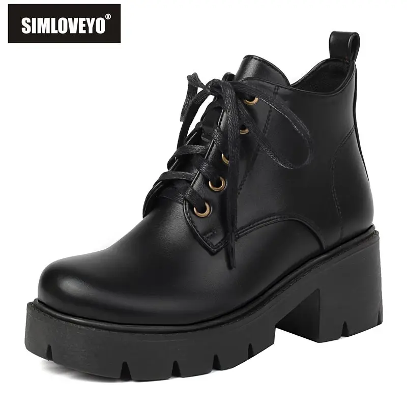 

SIMLOVEYO Fashion British Style Female Ankle Boots Round Toe Thick Heels Lace Up Platform Big Size 41 42 43 Retro Martin Bota