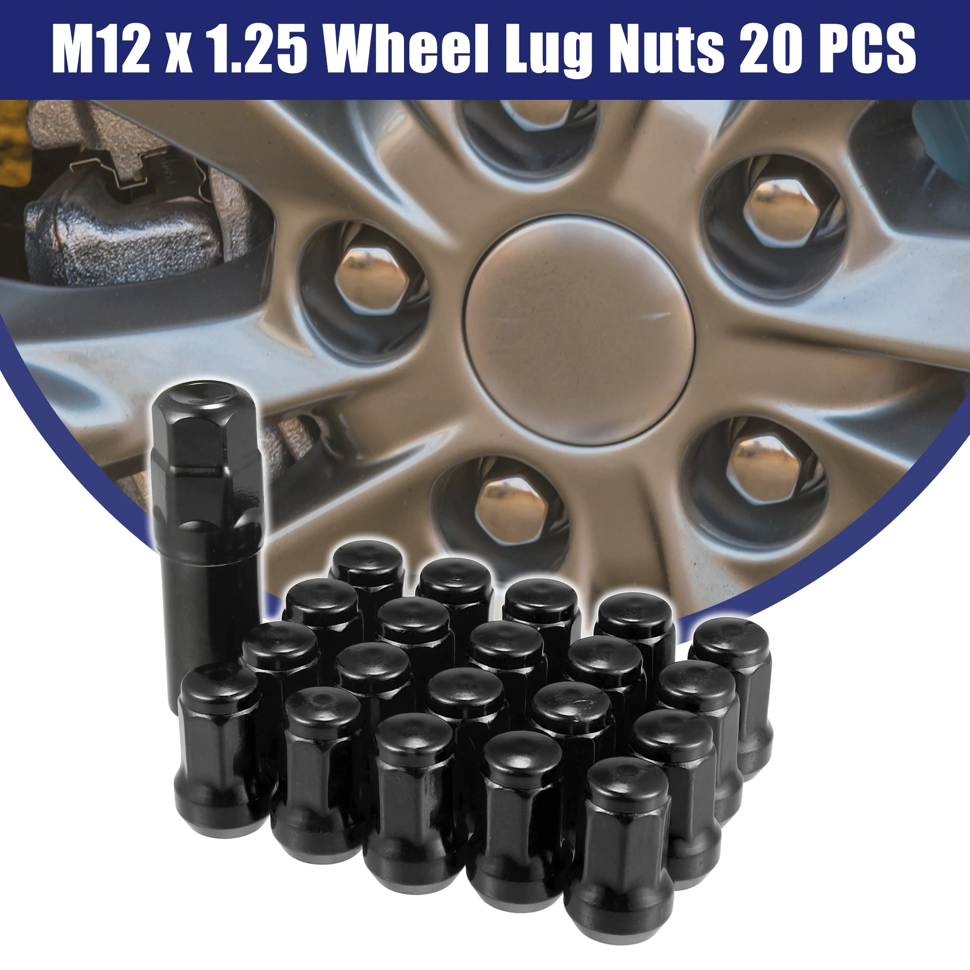 UXCELL Wheel Lug Nut Cone Seat 32mm Screw with Socket Key Black 1 Set M12x1.25 Heptagon Lugnuts