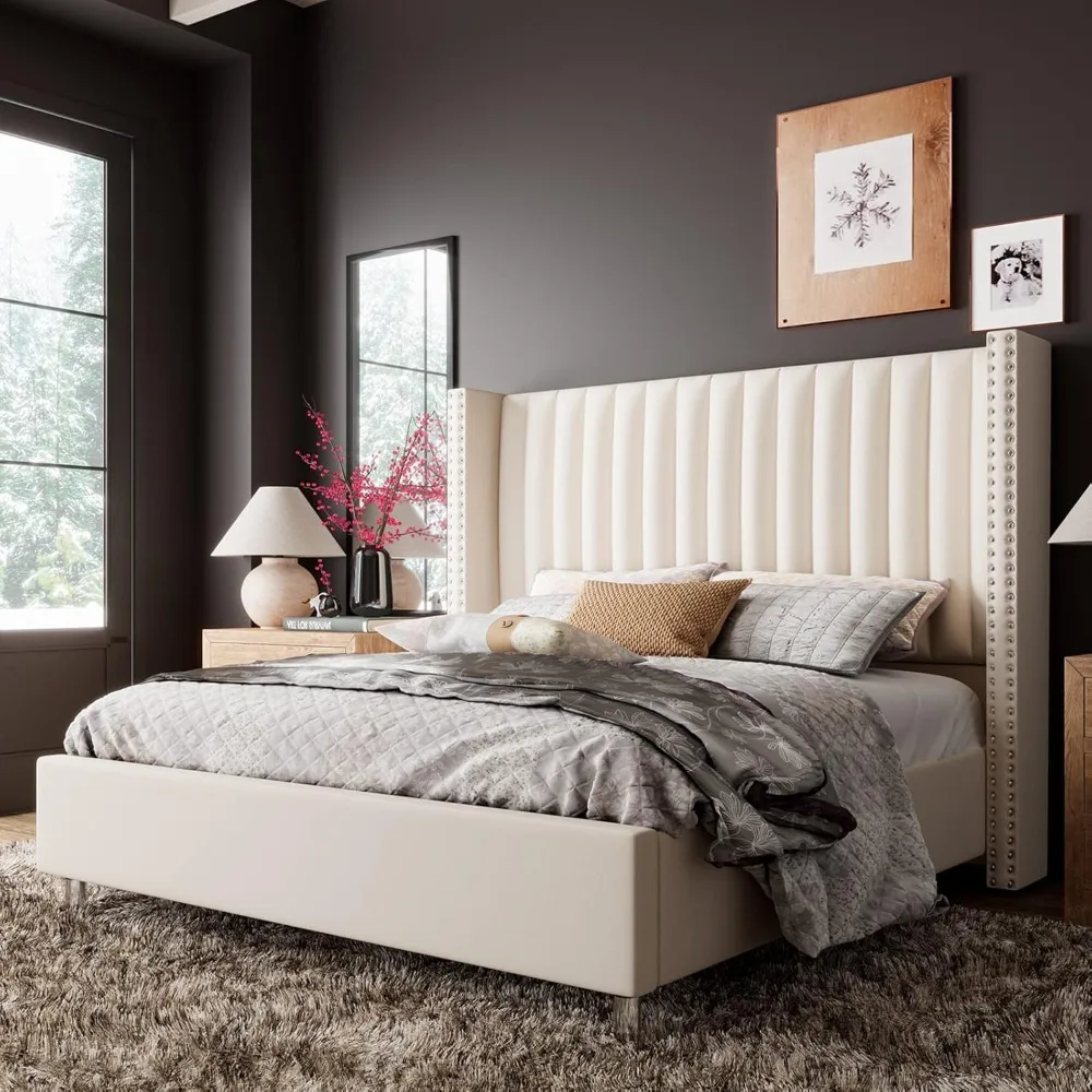 

Bed Frame Upholstered Platform Bed with Tall Headboard Wingback, Velvet Vertical Channel Tufted, No Box Spring Needed