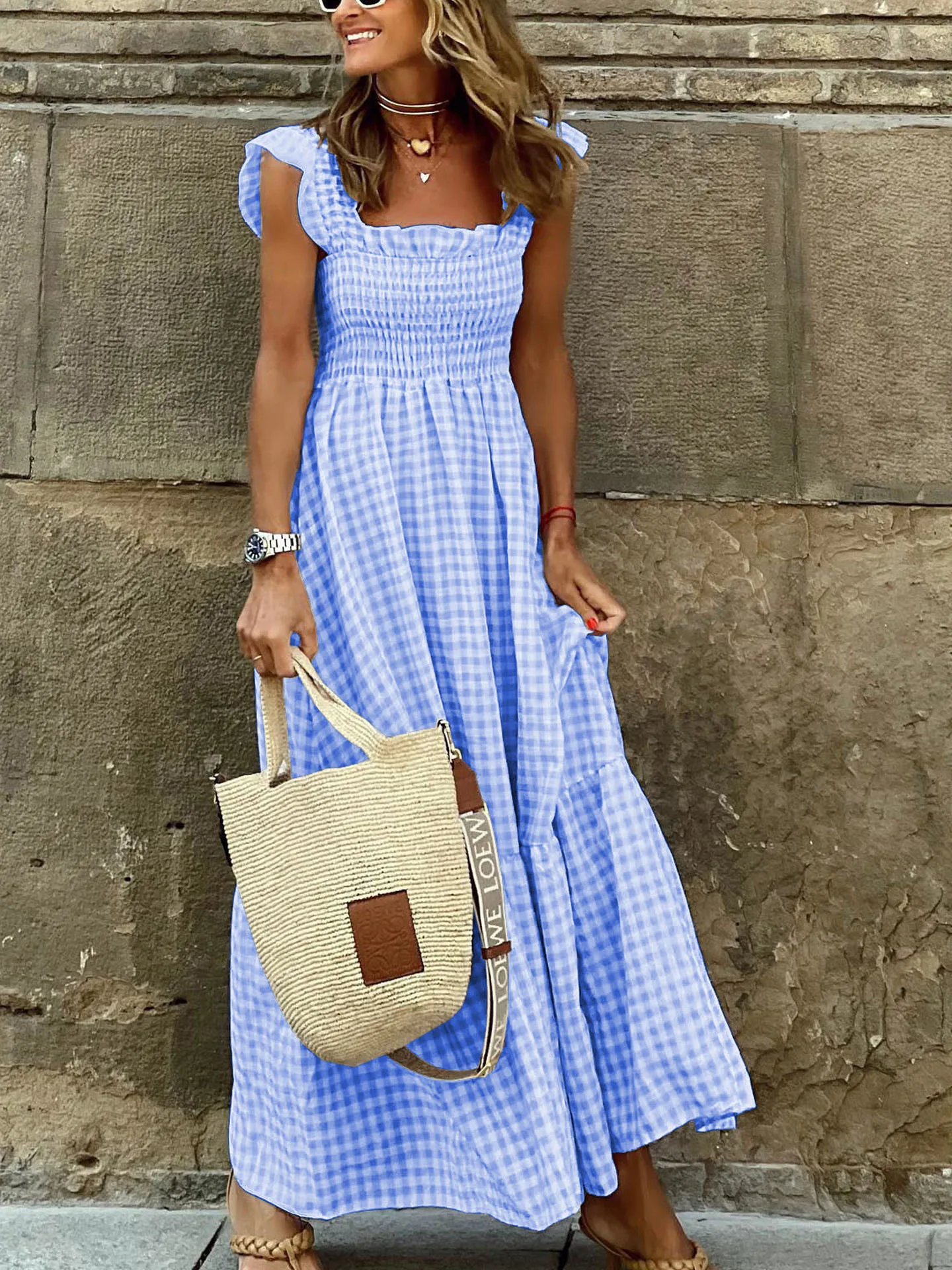 

Spaghetti Strap Dress Women Summer Plaid Boho Long Dress Ldies Elegant Square Collar Maxi Beach A-line Sleeveless Dress Vestido