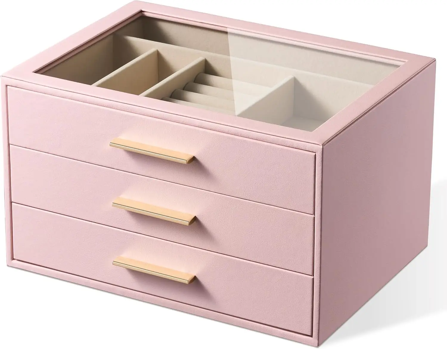 

Шкатулка-органайзер для украшений для женщин: 3-слойный футляр для хранения украшений со стеклянным окном, розовая кожа с бархатной подкладкой