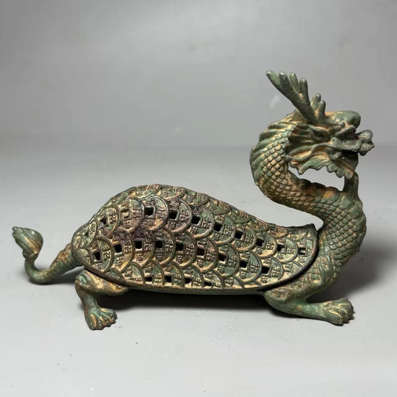 Bronze Dragon Turtle Incense Burner Engraved Wealth Attracting Pattern Vintage Chinese Censer Desktop Aromatherapy Furnace