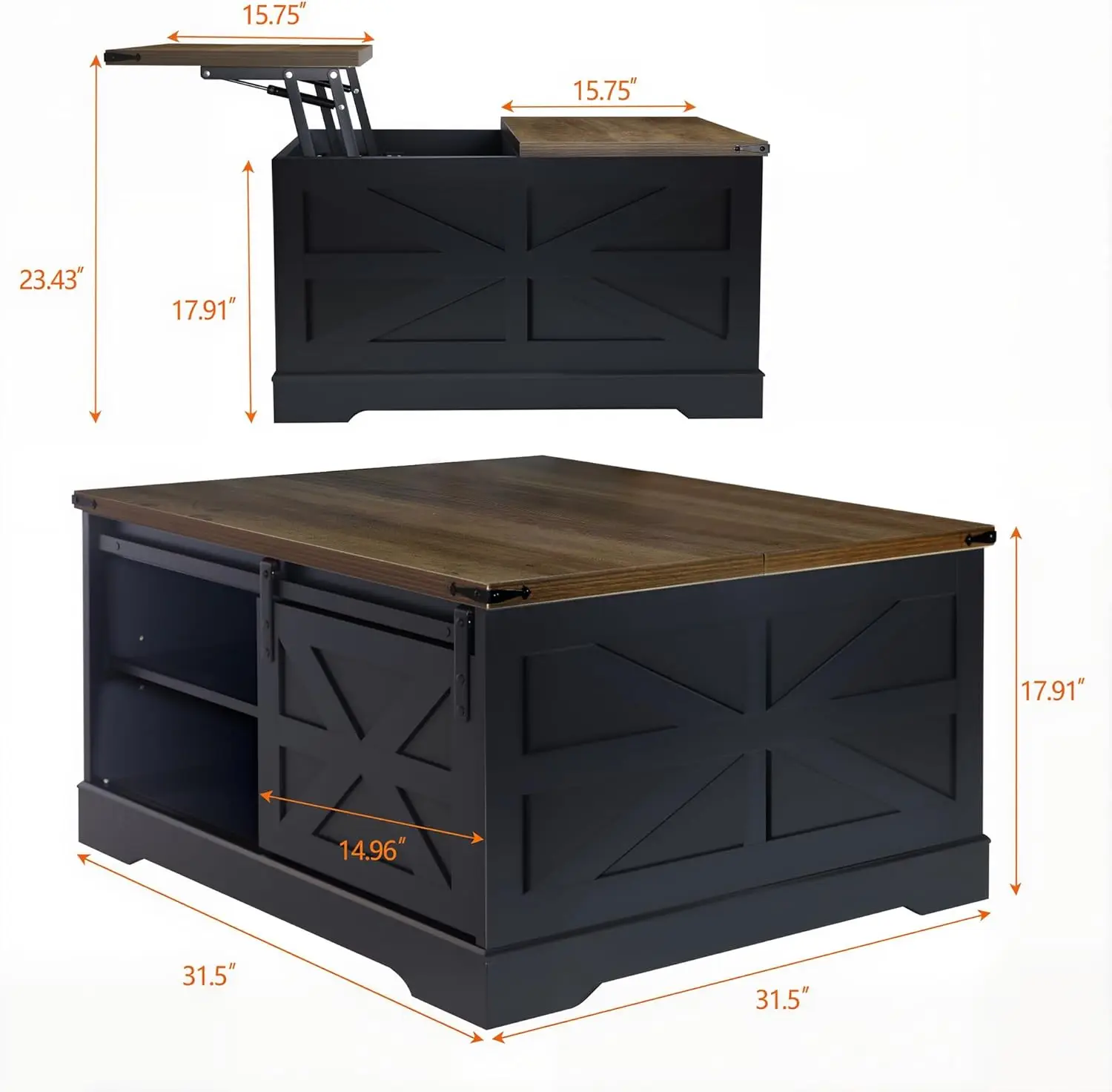 Farmhouse Lift Top Coffee Table with Hidden Storage Square Coffee Table Sliding Barn Door and Adjustable Shelf Rustic Wood Cente