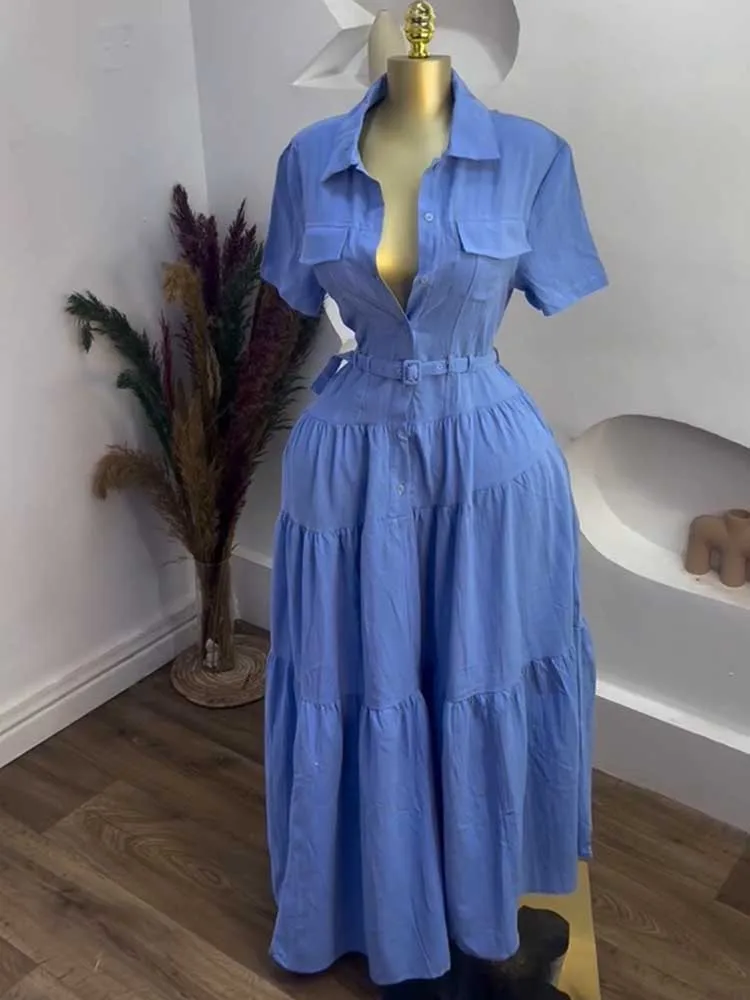 Kleid Hemd Knöpfe Frauen Einfarbig Casual Kurzarm Hohe Taille Langes Kleid EINE Linie Elegante Modest Französisch Kleid Gürtel