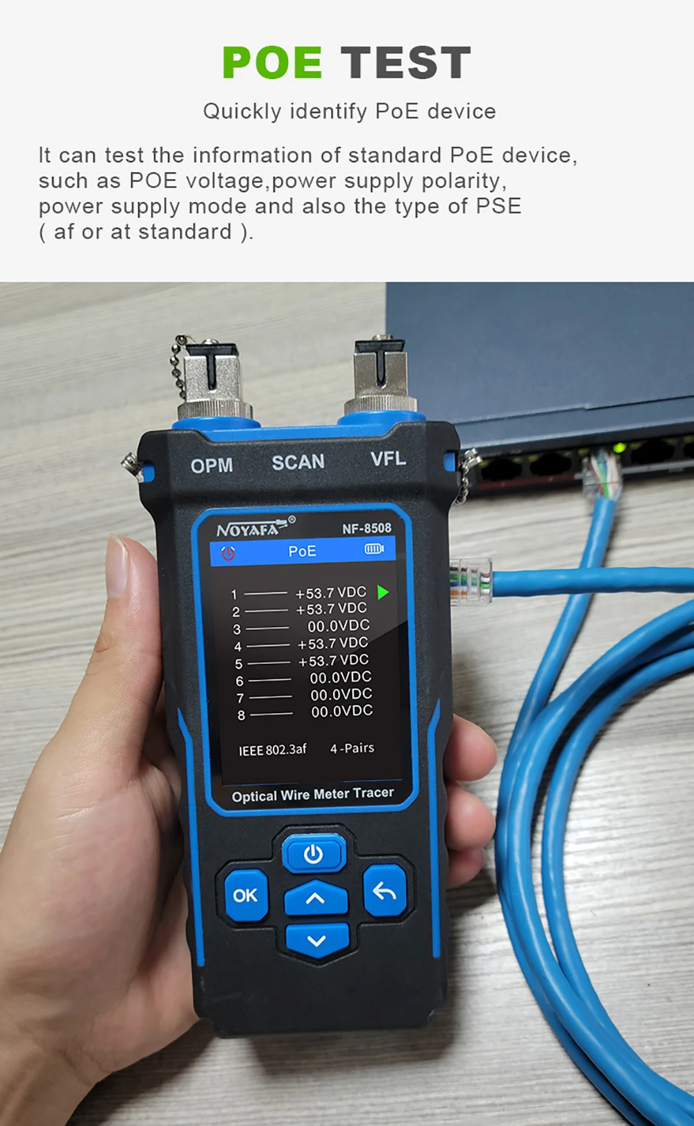 NF-8508 Kabeltester Tracker Länge messen Wiremap LCD PoE-Test VFL & OPM CAT5 CAT6 RJ45 Tester Kabellocator Inspektionswerkzeuge – Detail 7