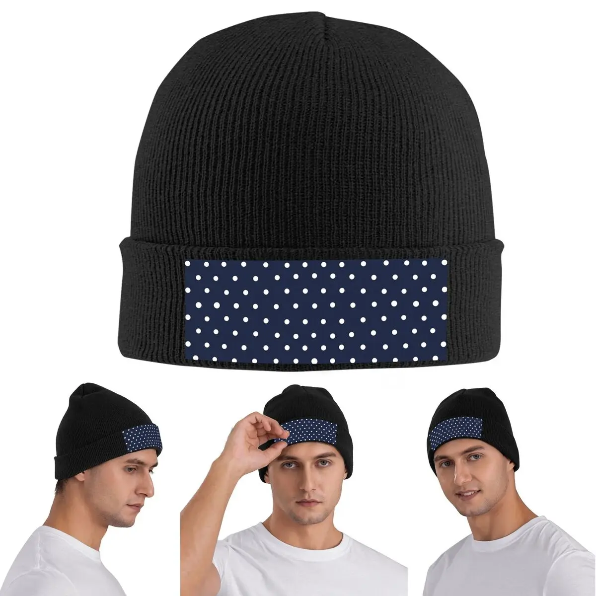 Navy And White Polka Dots Warm Knitted Cap Winter Knit Bonnet Hat Skullies Beanies Hip Hop Caps for Unisex
