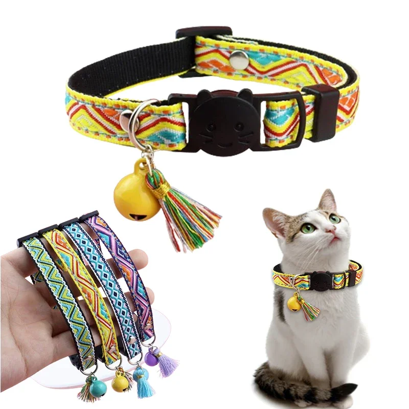 Tassels with Bells Cat Collar Cats Cartoon Pattern Adjustable Buckle Colorful Plaid Jacquard Patterns for Kitten Puppy Necklace