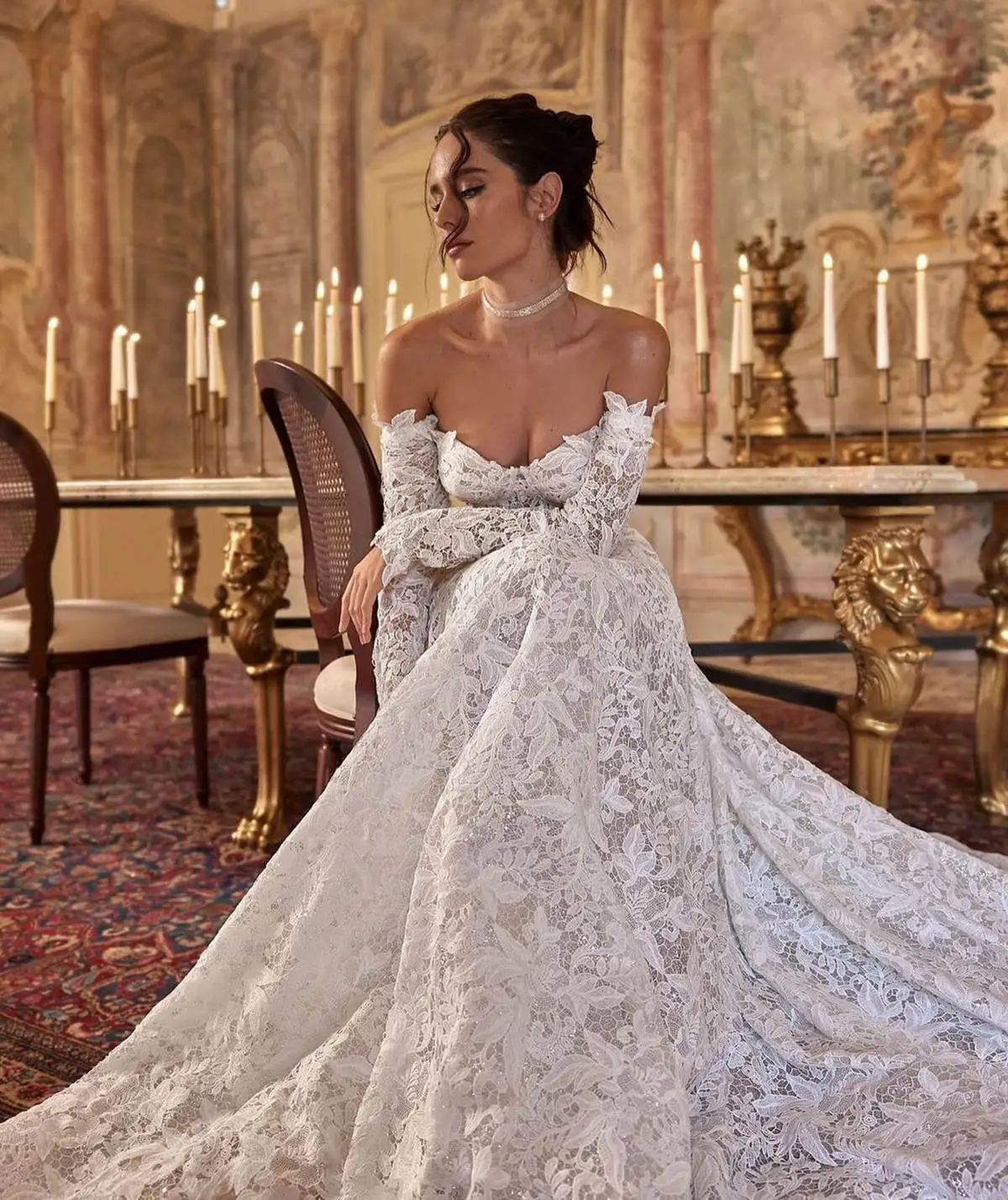 Gorgeous A Line Wedding Dresses Sweetheart Off Shoulder Lace Bridal Dress Long Sleeve Sweep Train Bride Gown Chapel