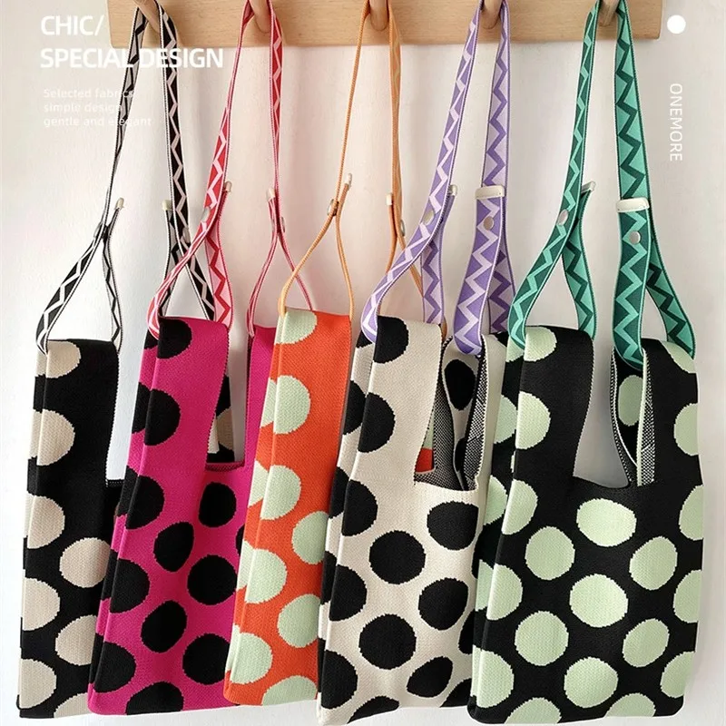 Contrasting Big Dots Printing Knitting Handbag Mini Knot Wrist Bag Summer Portable Reusable Shopping Bags Phone Key Pouch Purse