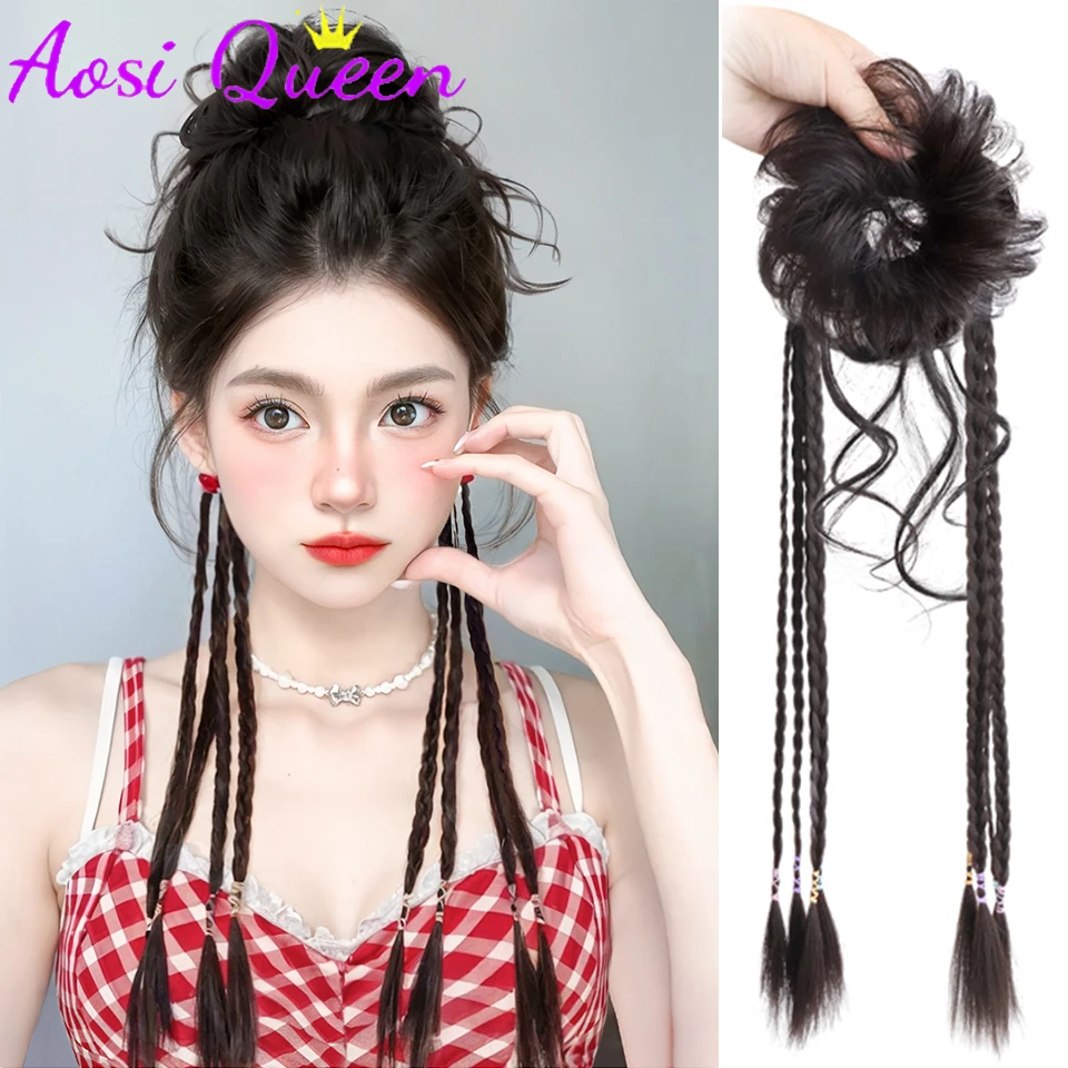 AOSI Chinese Style Flower Bud Head Synthetic Wigs Natural Fluffy Slightly Curly Twisted Braid Wig Hair Accessories