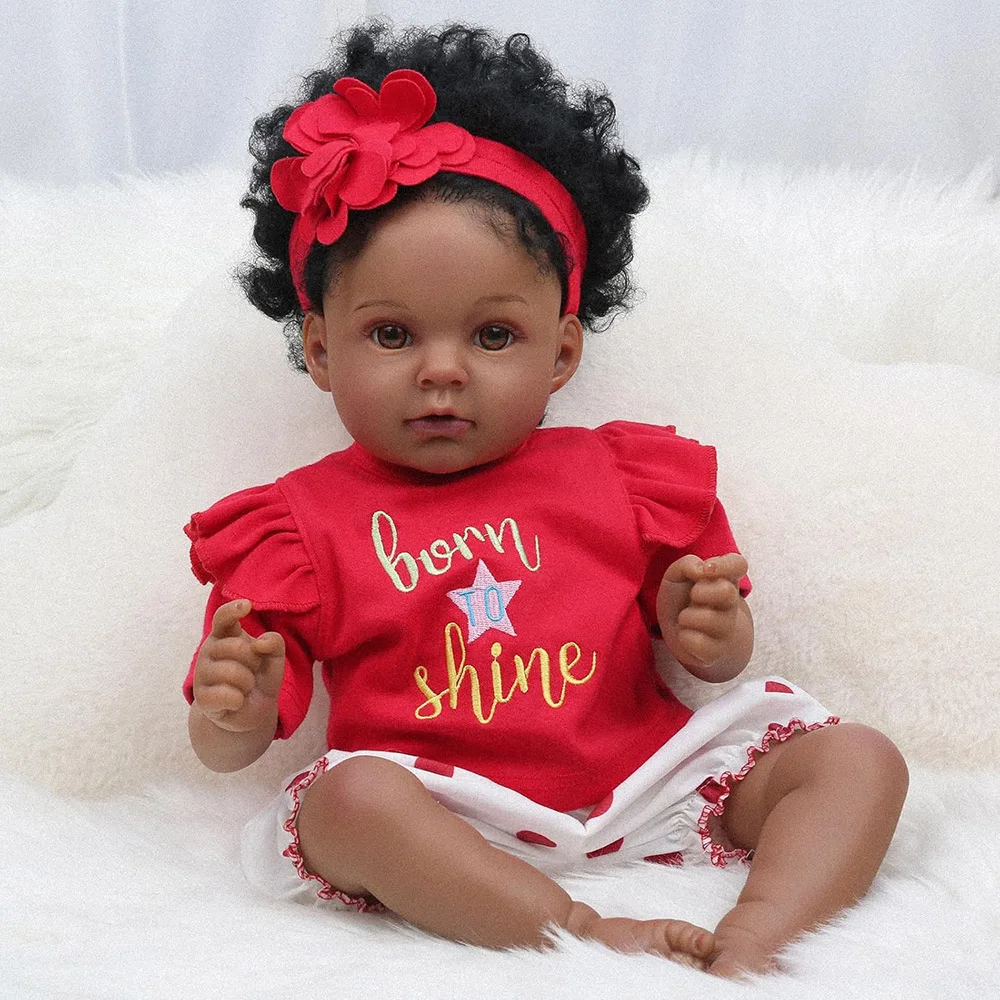 50cm Baby Doll Like Real Reborn Black Girl Realistic Painted Babies Silicone Vinyl African American Soft Cloth Body Rooted Hair