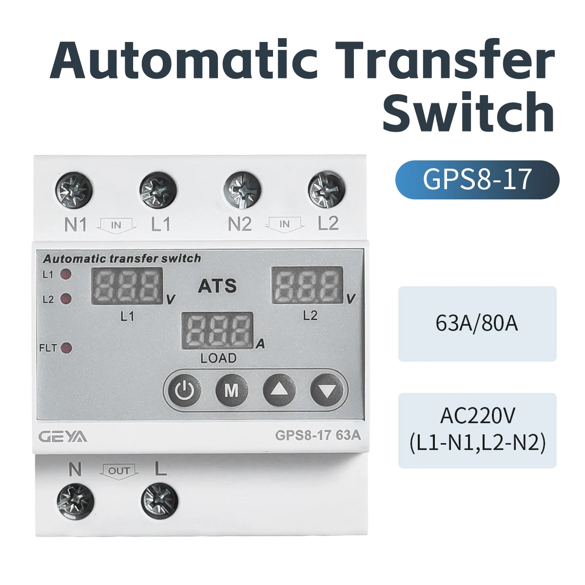 

Автоматический переключатель GEYA 63A 220V (ATS) с регулируемой защитой от перенапряжения и пониженного напряжения, реле контроля двойного питания