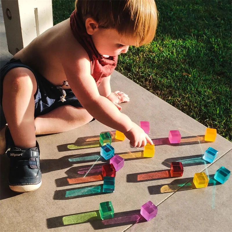 Wooden House Acrylic Lucent Cubes Kids Stacking Blocks Translucent Rainbow Gem Stone Stacker Open Ended Toys for Children