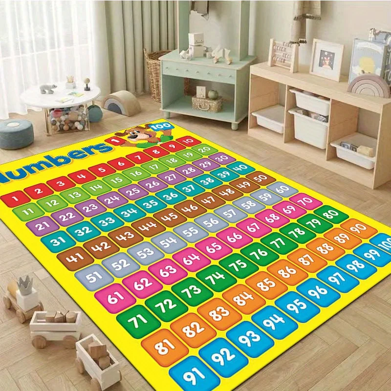 Colorful Numbers 1-100 Crystal Velvet Mat,Durable Polyester Rug for Home Office Kitchen Bathroom Outdoor with Yellow Grid Design