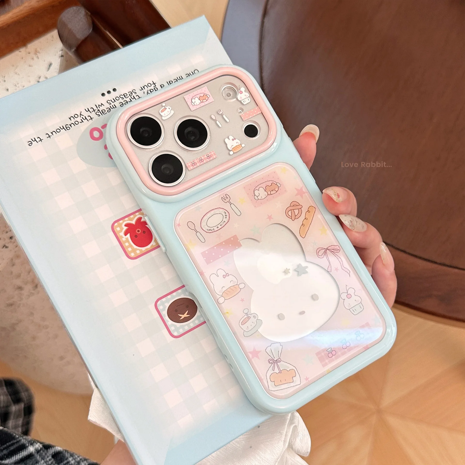 Coque de téléphone pour iPhone 18 17 16 15 14 Pro Max, motif ajouré avec lapin de dessin animé et étoiles colorées coréennes, coque rigide transparente antichoc