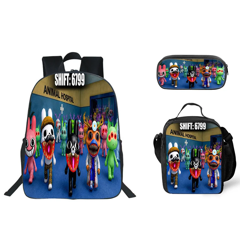 3Pcs Kids Backpack School Bag Lunch Bag Pencil Case Cartoon Animal Hospital Bookbag Student Travel Gift For Boys Girls