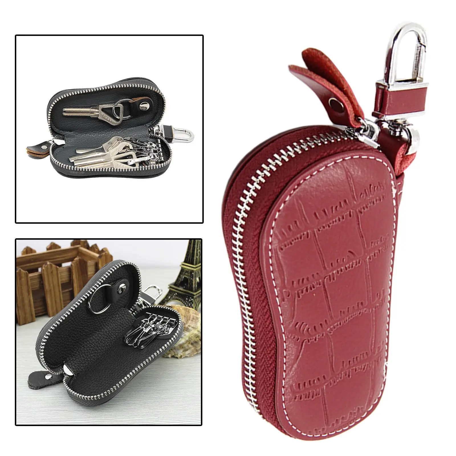 Fashion Business Car Key Chain Zipper Case Cowhide Covers Key Holder Bags