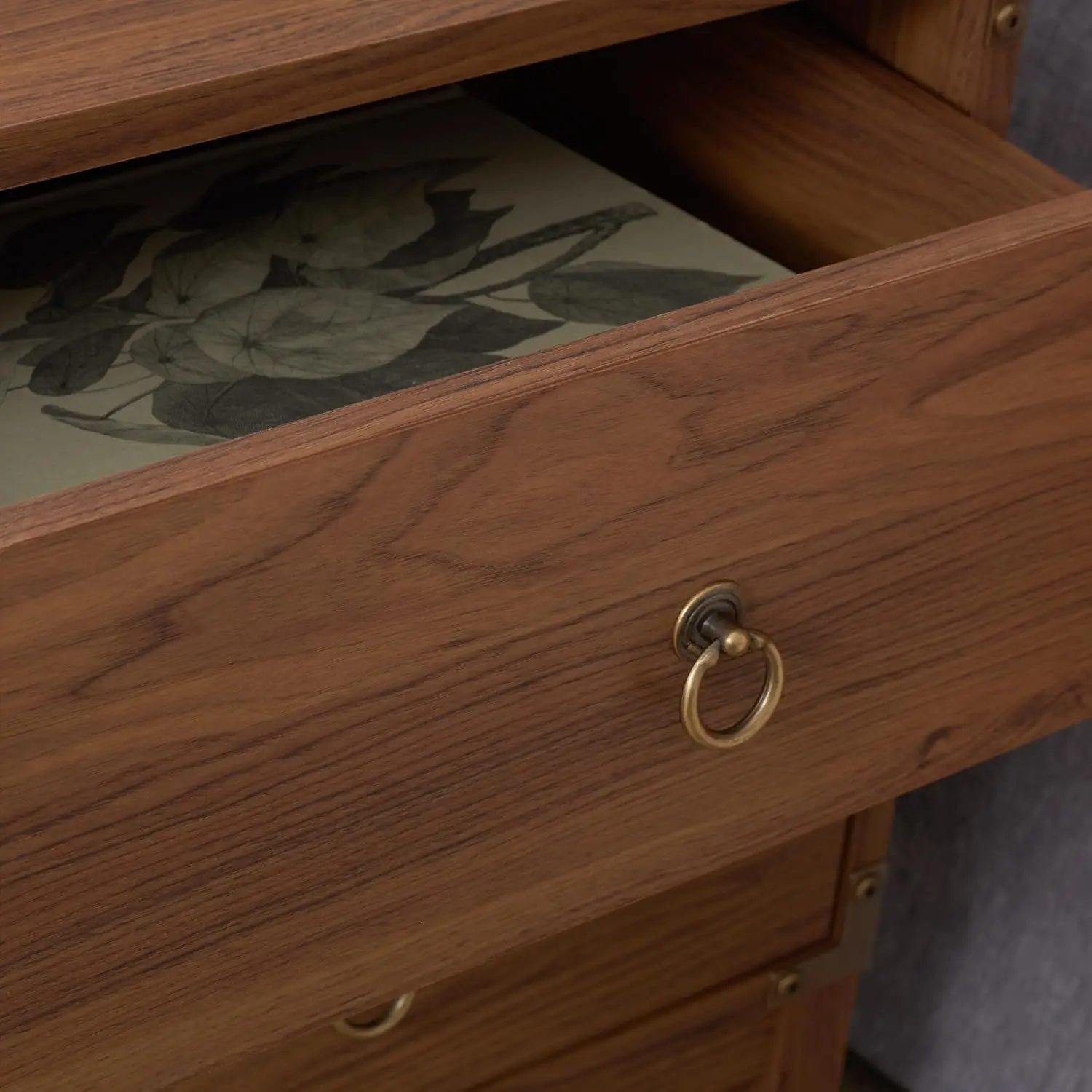 Walnut & Gold 2-Drawer Nightstand Vintage-Inspired Bedside Table with Storage for Bedroom, Customized