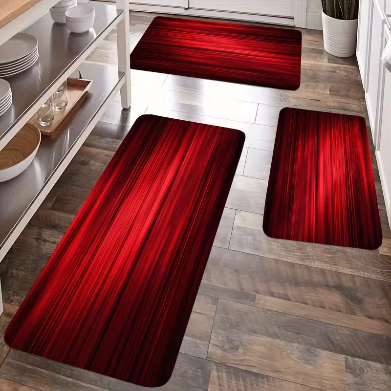 Rotes Farbverlauf-Streifenmuster Küchenteppich-Set Modernes Minimalistisches Linienmuster Bodenmatten Weiche Rutschfeste 3-teilige Teppich-Garnitur für die Küche