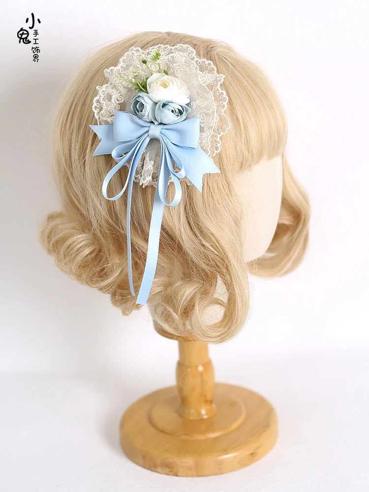 Bandeau à nœud en ruban avec épingles à cheveux pour filles, dentelle Lolita, bande de sauna à volants, broderie douce, coiffure Anime Maid Cosplay