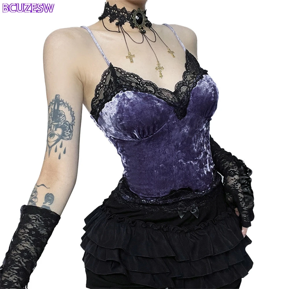 Gothic Purple Velvet Lace Trim Corset Crop Top Camisole Sexy Aesthetic Backless Spaghetti Strap Tank Top For Women Camis Vest