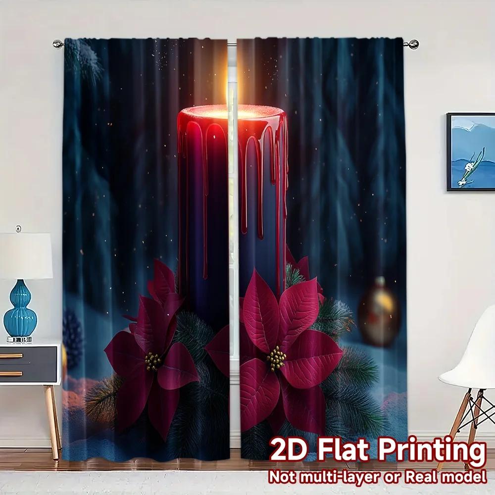2pcs,Curtains Candle Christmas Poinsettia Wreath Modern Curtains&Drapes Versatile 100% Polyester Curtains Decorations Perfect