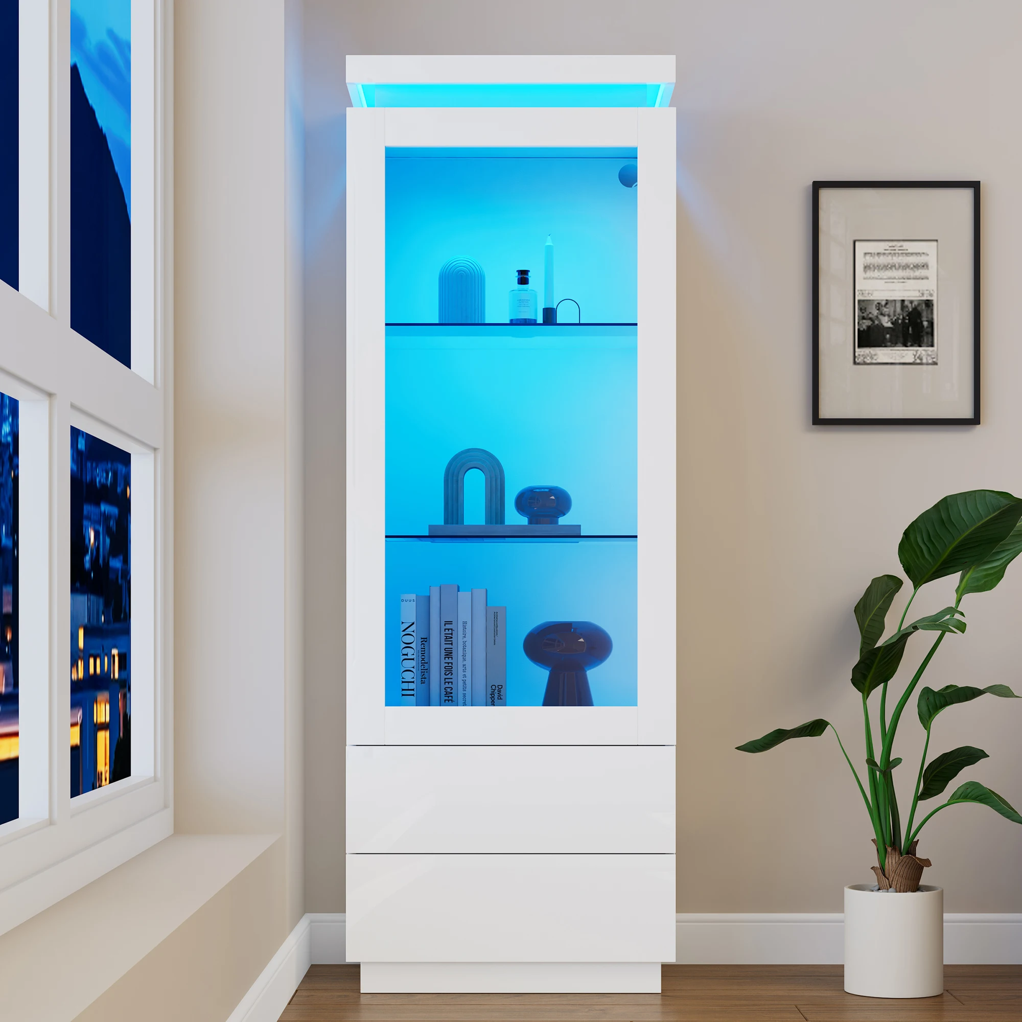 Vitrine de salon et de rangement à 2 tiroirs et façade en acrylique transparent avec LED, 5 niveaux, en aggloméré blanc