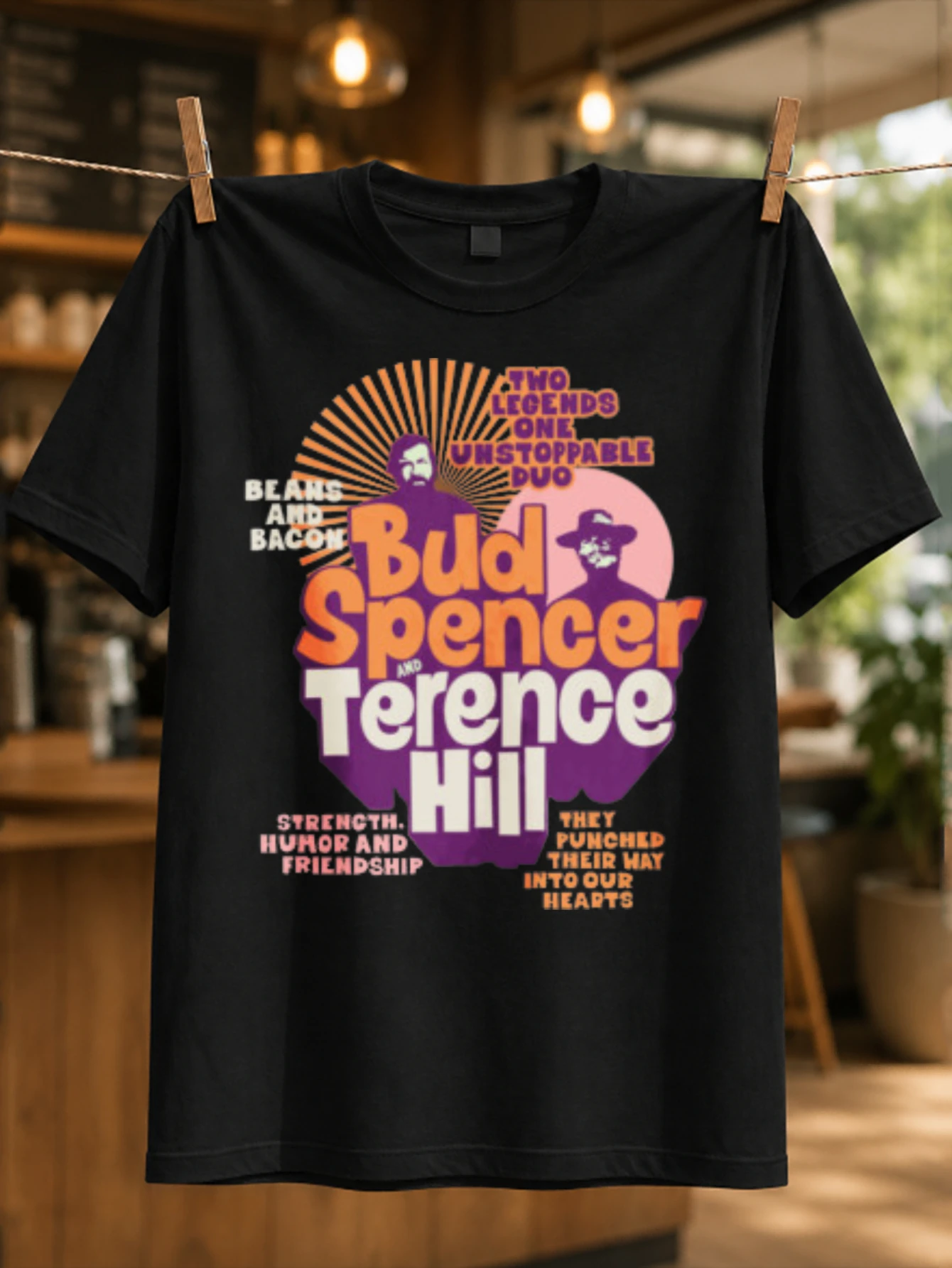 Bud and Terence purple orange retro typography with friendship strength and beans humor lettering  Unisex All T-Shirt