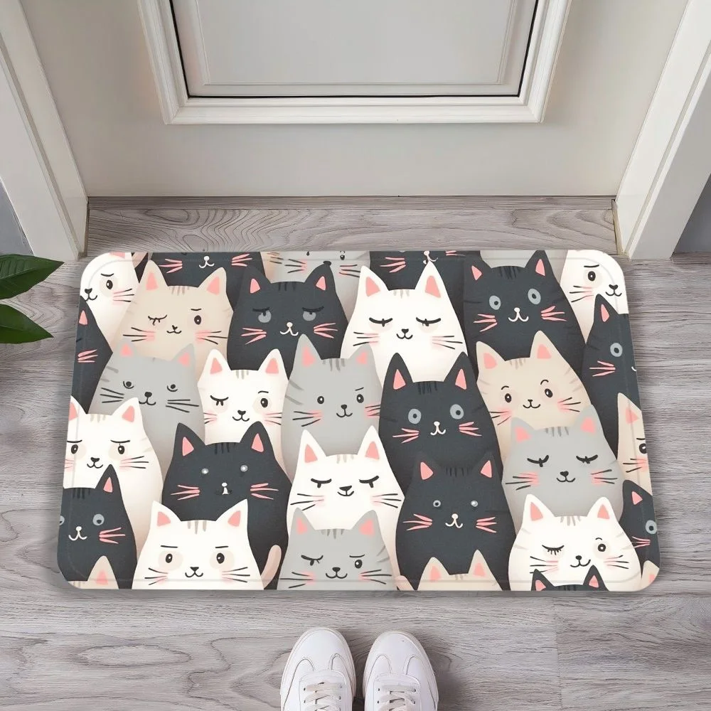 VIKAMA Cats & Typographic Flannel Door Mat, Non-Slip Washable, Decor for Entryway Front Door Living Room Kitchen Bedroom