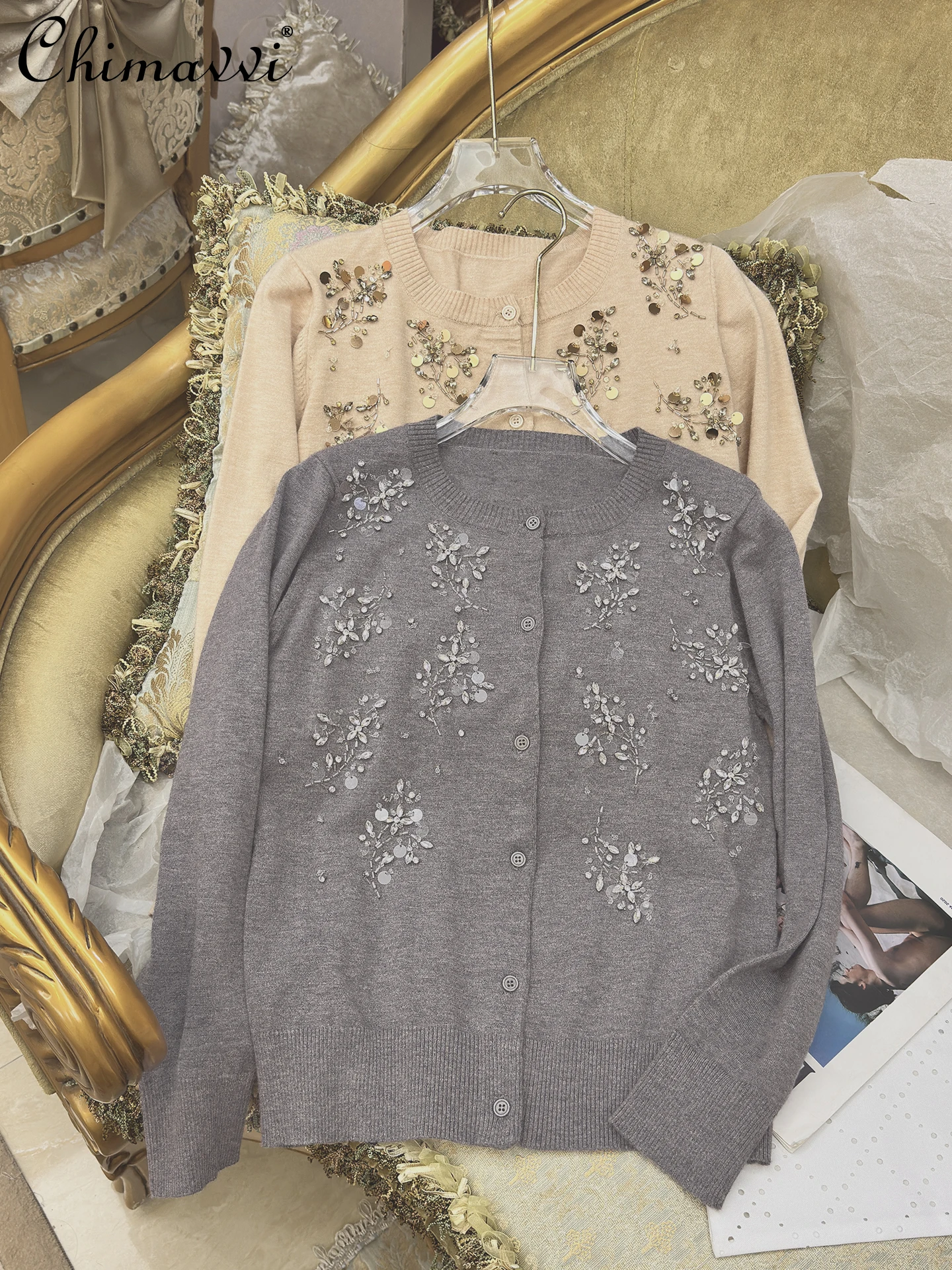 

2025 Autumn Winter New Heavy Embroidery Round Neck Knitted Cardigan Fashion Loose Long Sleeve Elegant Sweater Coat for Women