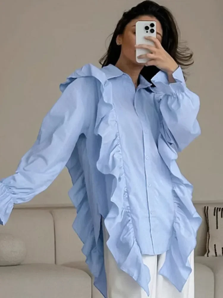 Ruffles Solid Women Shirt Pink Blue Lapel Female Top 2025 Elegant Fashion Single Breasted Flare Long Sleeve Lady Blouses
