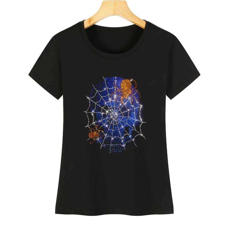 

Harajuku women's T-shirt summer short-sleeved clothes rhinestone T-shirt with spider web skull high quality cotton soft women's