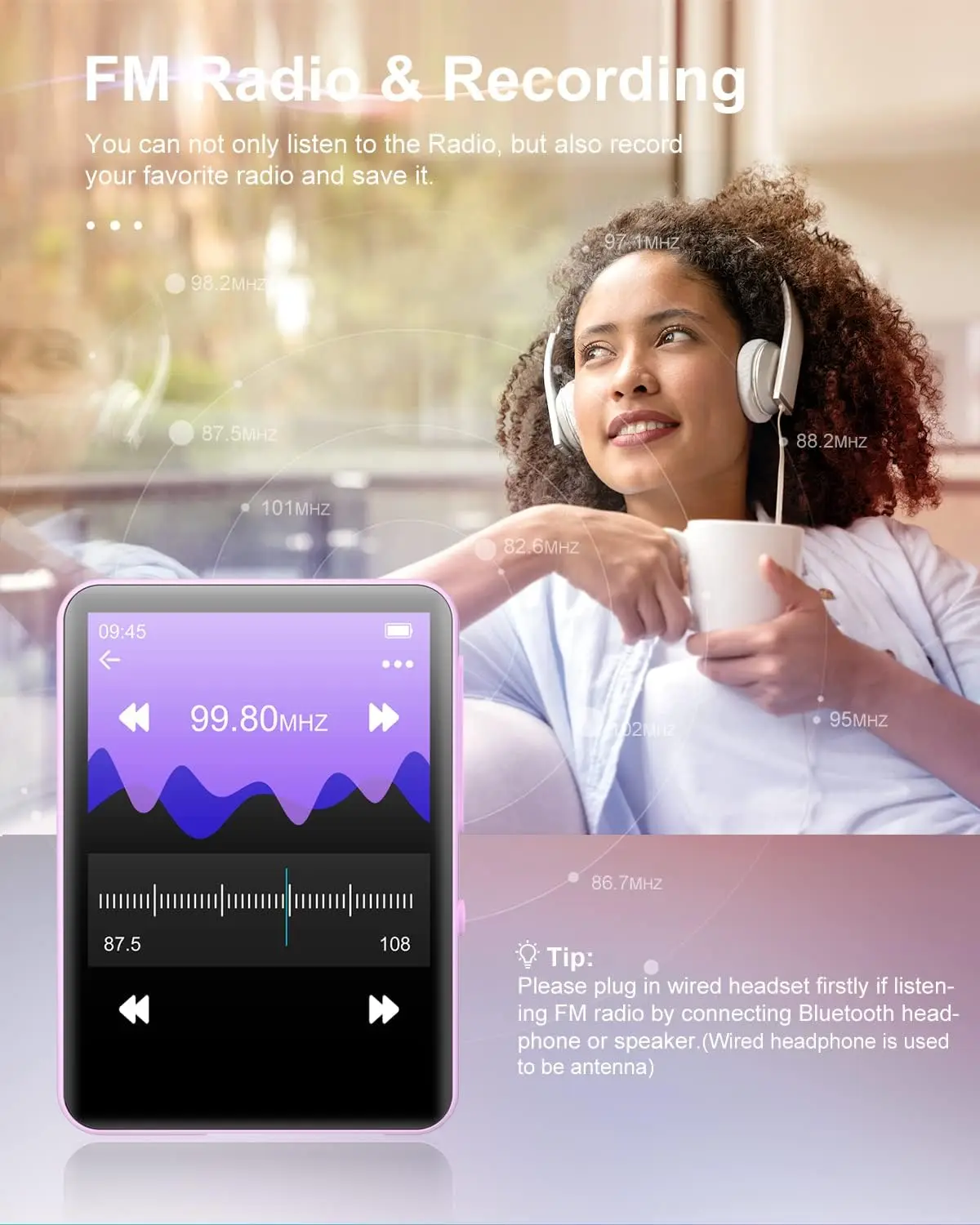 Pemutar MP3 dengan Bluetooth 5.3, Pemutar Musik Suara HiFi Portabel Tanpa Hilang dengan Speaker, Memori 64GB Bawaan, Radio FM, Rekreasi Suara