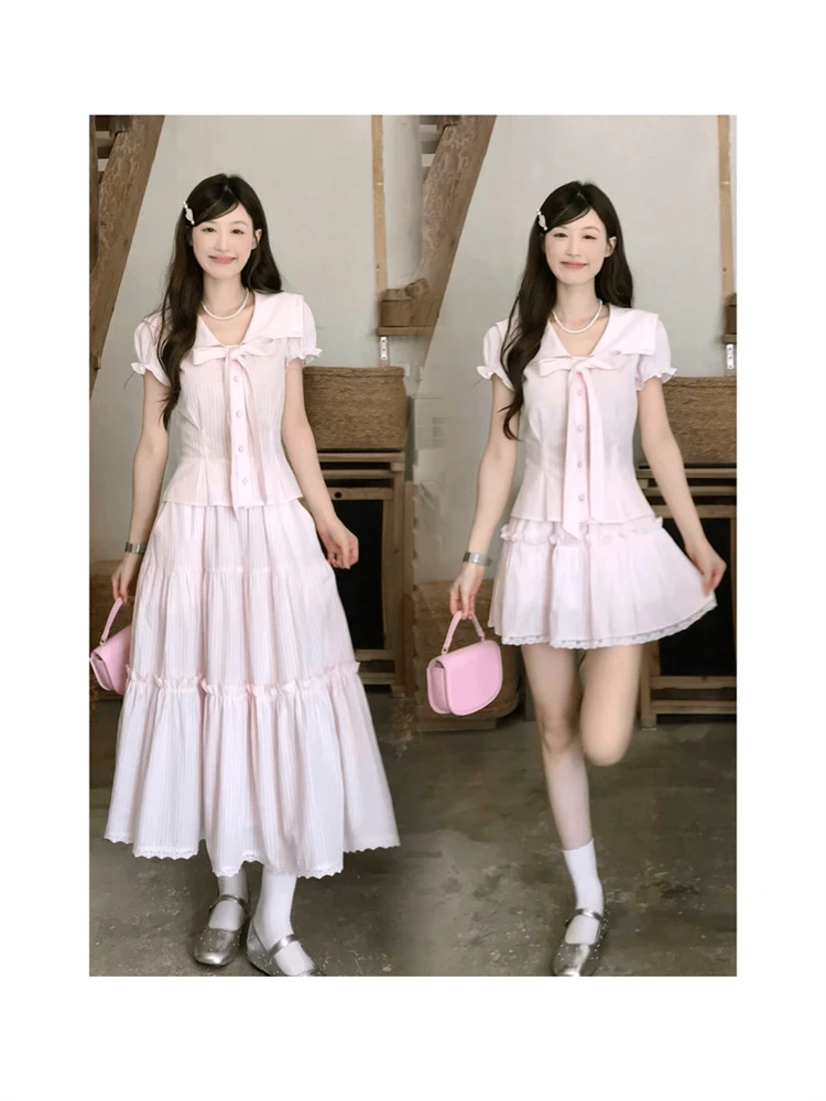 

Шикарный антивозрастной весенний комплект, женский топ с узлом ort Sve, корейская юбка Sle f, модная повседневная одежда для работы