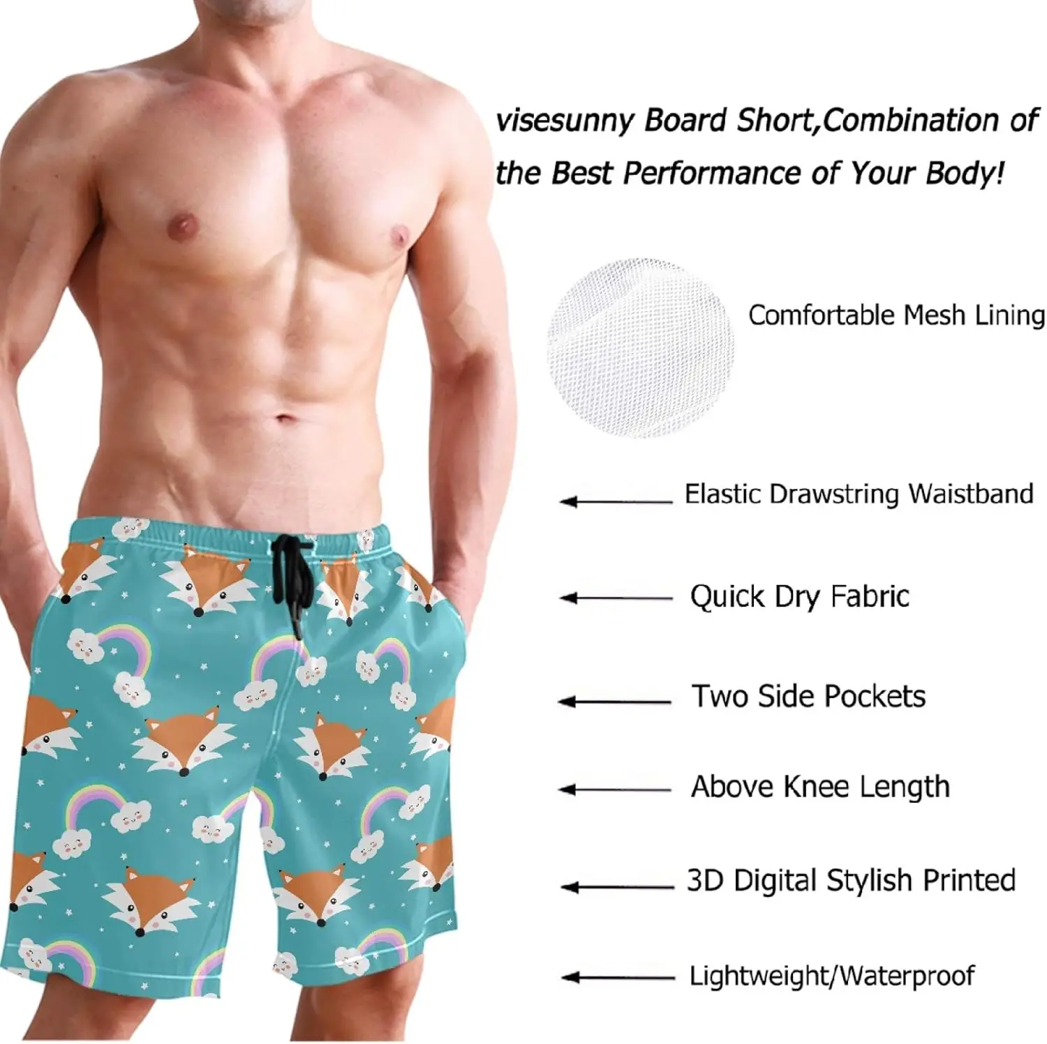 Rainbow Fashion Fox Summer Style Men's Beach Shorts Swim Trunks Quick Dry Casual Polyester Swim Shorts with Pockets S-3XL