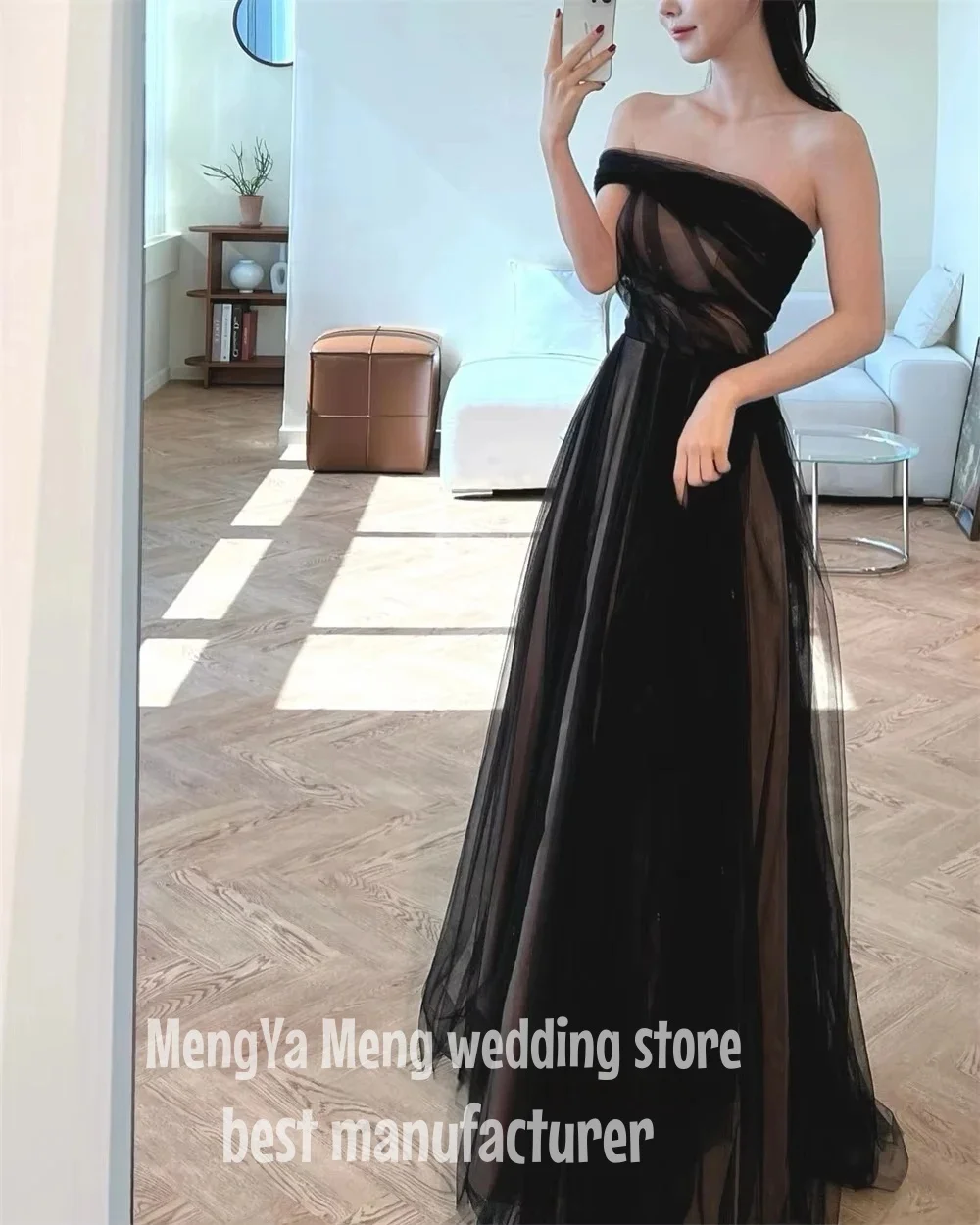 ZHUISHU Customized Simple Black Beach Korea Lady Prom Dresses Tulle One Shoulder Floor Length Formal Evening Dress 빅사이즈 파티