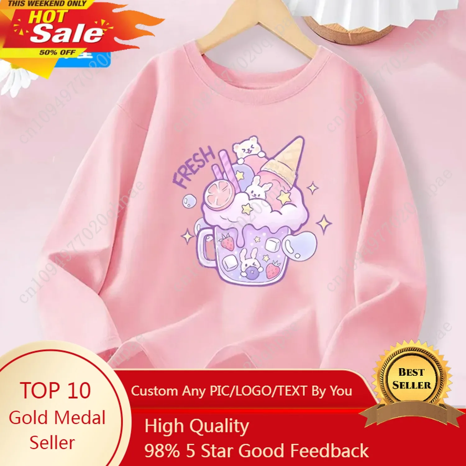 

3-14years Girls' Pink Long Sleeve T-shirt - Cute "FRESH" Drink & Animal Print Kids Cotton Top 2026 Spring New