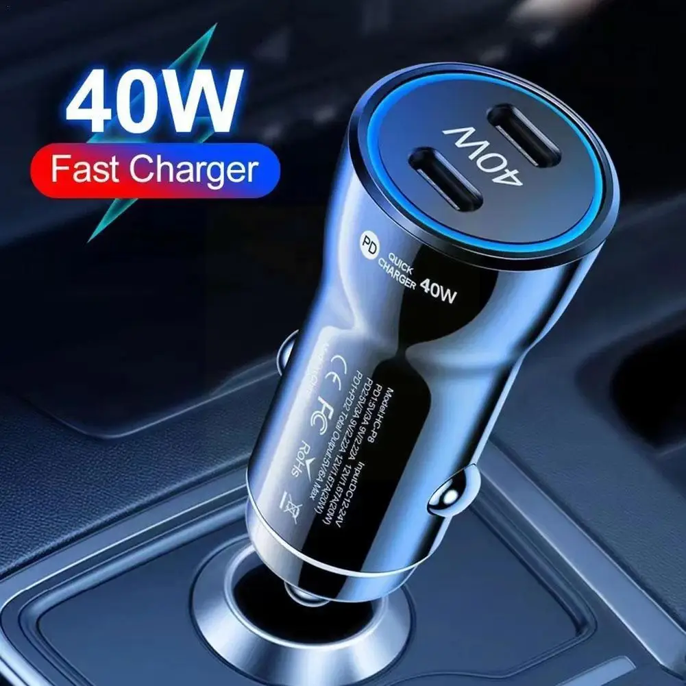 40W Car Charger Type C Quick Charge 3.0 Dual PD Phone Adapter 5V3A Car Cigarette Lighter For IPhone 14 For Huawei For Xiaom T7J1