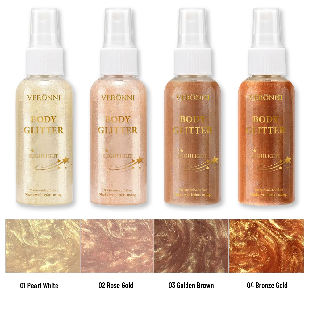 Spray evidenziatore liquido luccicante, evidenziatore liquido luminoso glitterato per viso corpo e capelli, trucco effetto lucido a lunga durata