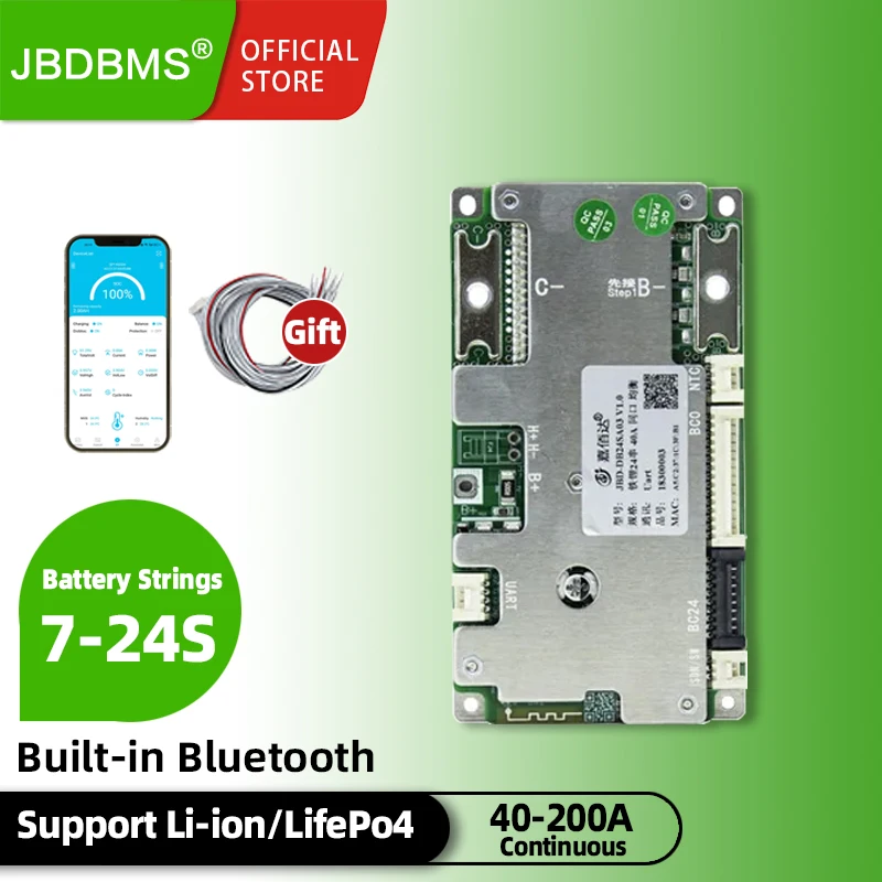 Jbd bms 7s ليثيوم أيون 24 فولت bms 40a 8s bms lifepo4 24v 13s 48v bms 60a 14s bms 52v 50a 16s 17s 18s 19s 20s 21s 23s 24s 80a 200a BT