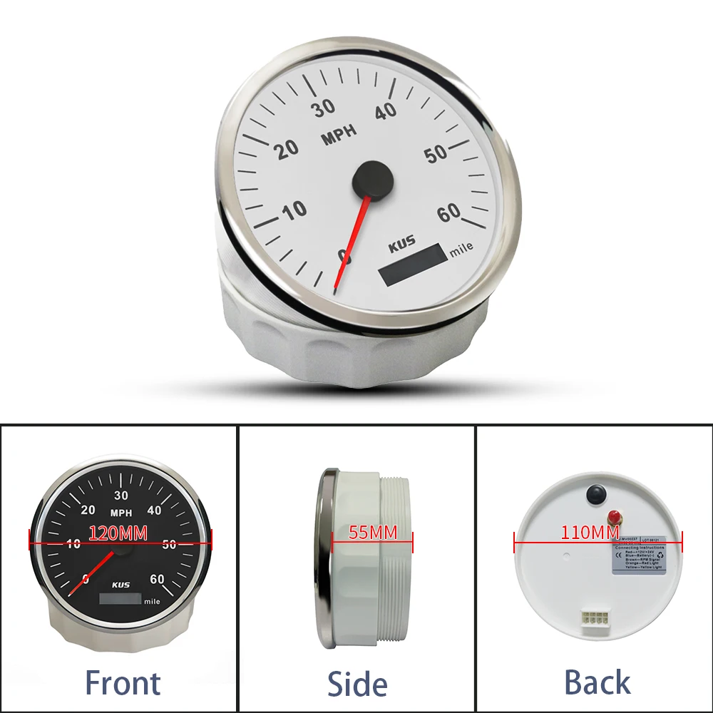 KUS 110mm GPS Speedometer Speed Gauge 0-60MPH 12V 24V with Red Yellow Backlight for Truck Vessels Yachts Motorboat