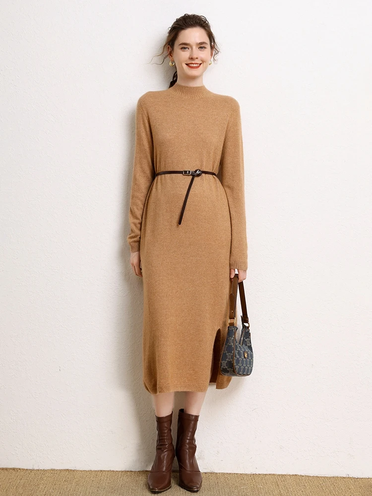 

OL Luxury Women's 100% Cashmere Sweater Dress Autumn Winter Mock Neck Simple Style Dress Long Straight Dress Cozy Warm Knitwear