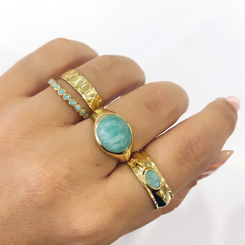 YUXINTOME 24k Gold-Plated Silver Exquisite Circle Pave Blue Turquoise Charm Shiny Gold Color Ring For Women Trendy Fine Jewelry