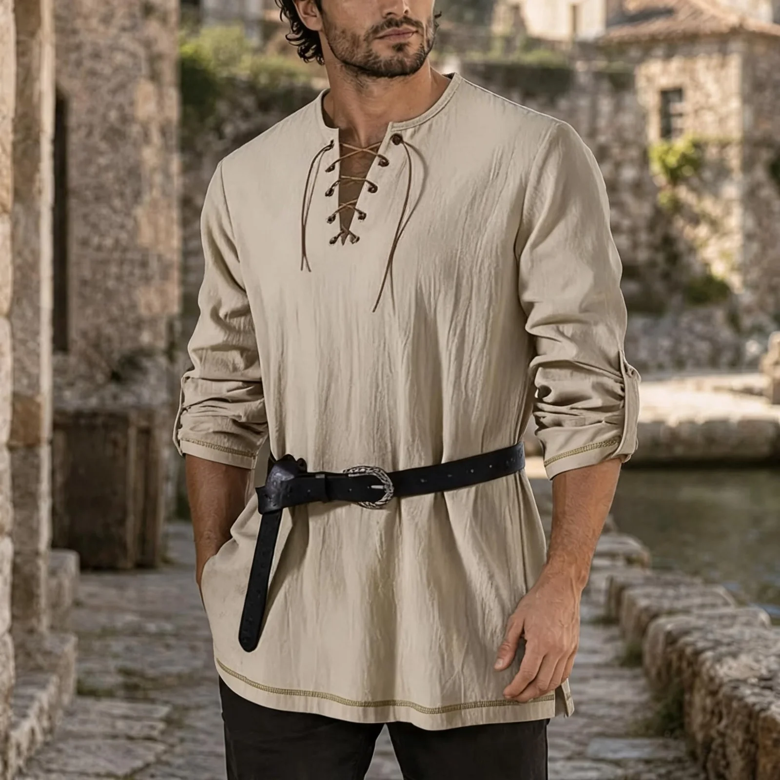 Men Medieval Lace Up Cotton‑Linen Long Sleeve Tunic Viking Pirate Renaissance Cosplay Shirt With Vintage Embossed Leather Belt