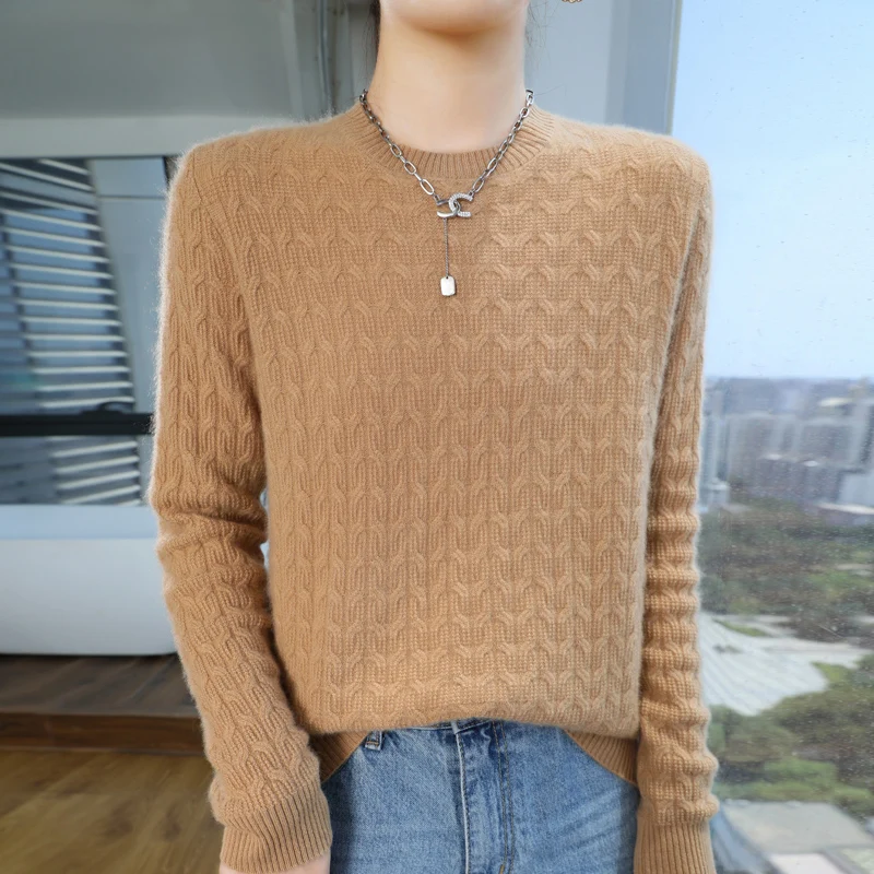 Maglione di cashmere da donna, pullover di lana autunnale e invernale, camicia lavorata a maglia casual, girocollo, top allentato, fondo tagliato alla moda